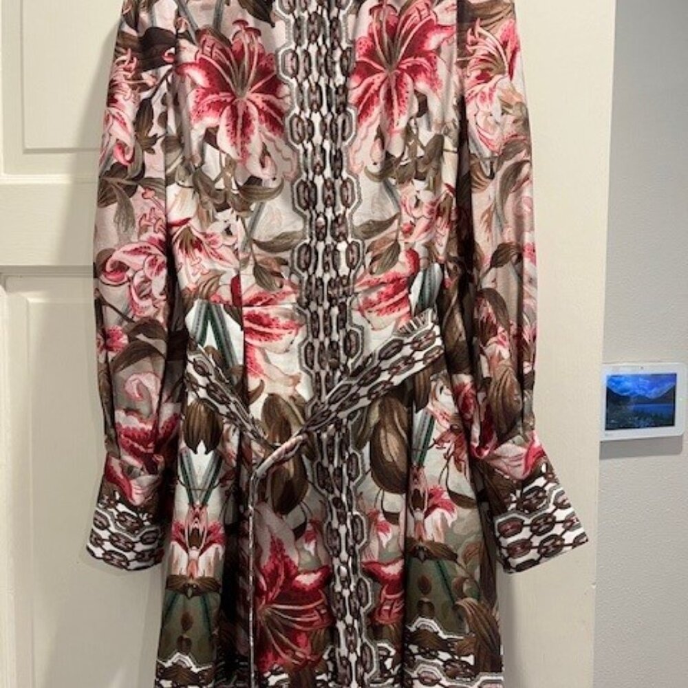 Linen Viscose Border Print Floral Woven Dress long sleeve size US 6
